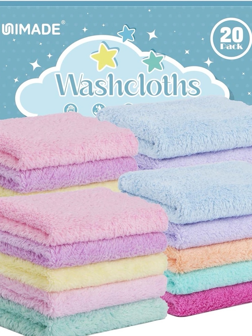 Kids Pastel Washcloths - 20 Pack (Pink, Blue, Purple, Yellow, Mint, Peach)